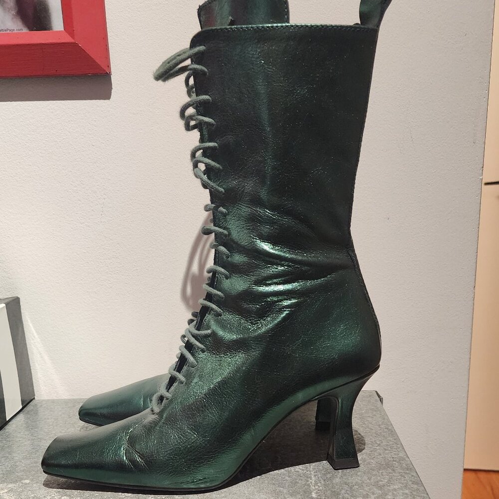 Metallic Green L'intervalle Square Toe Leather Boots - Picture 4 of 11